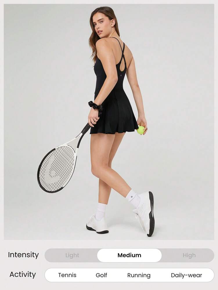 Women's Quick Dry Tennis Dress With Built In Shorts Side Pockets Square Neck Anti Slip Straps Gym Workout Golf Casual Outfit