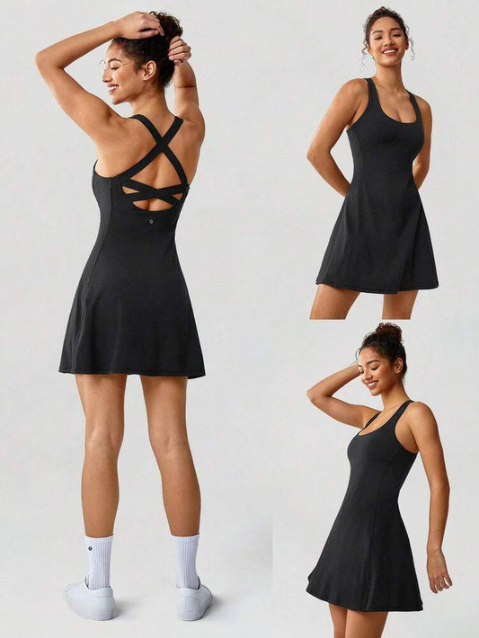 Women's FeatherFit Peekaboo Mini Sports Dress With Built In Shorts Square Neck Crisscross Back Quick Dry Tennis Golf Activewear