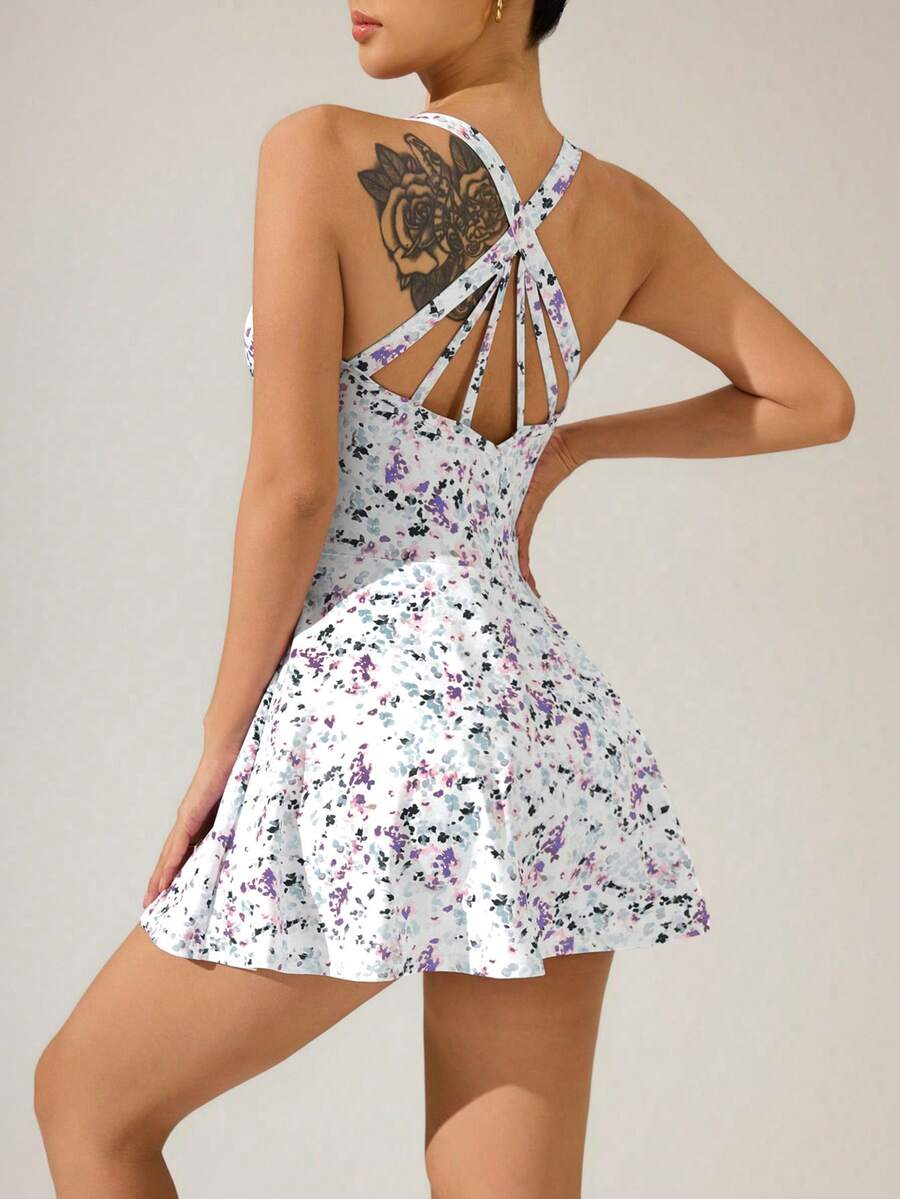 Women's Mini Ditsy Floral Halter Neck Sports Dress Casual Activewear Athletic Outfit Summer Tennis Dress Workout Fitness Clothing