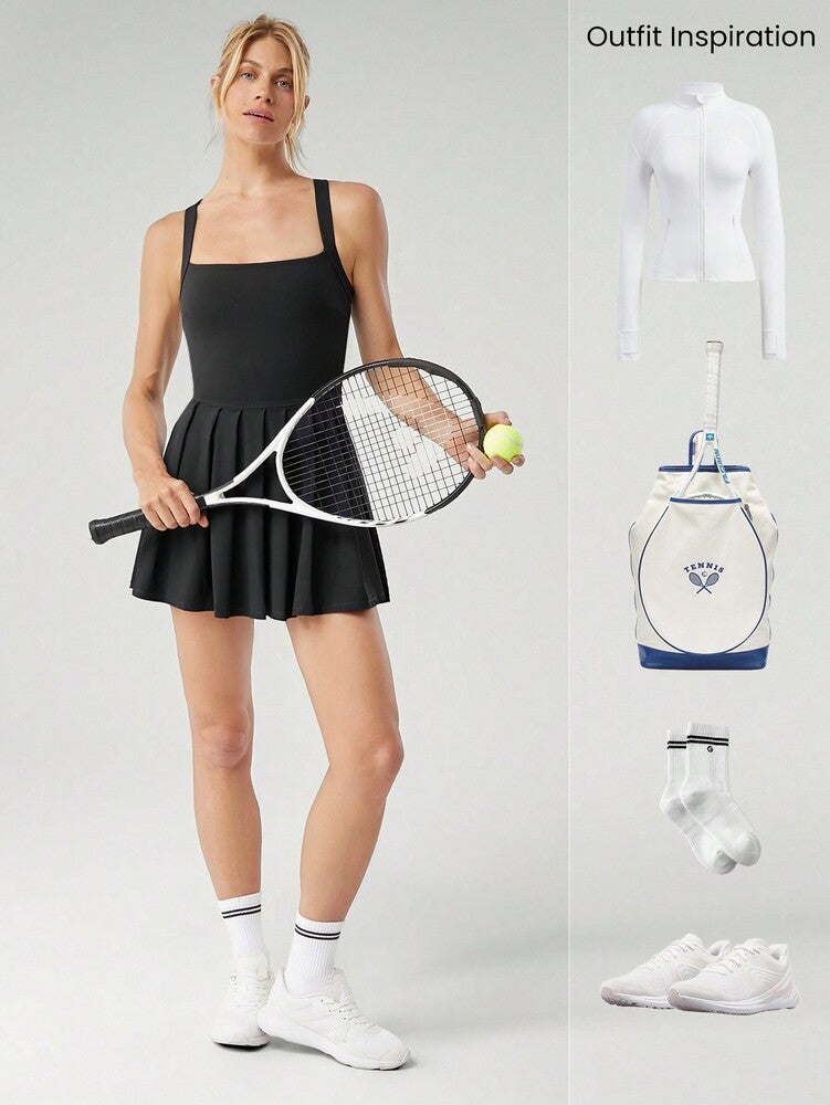 Women's Lightweight Quick Dry Pleated Varsity Mini Sports Dress With Built In Shorts X Strap Casual Tennis Golf Daily Outfit