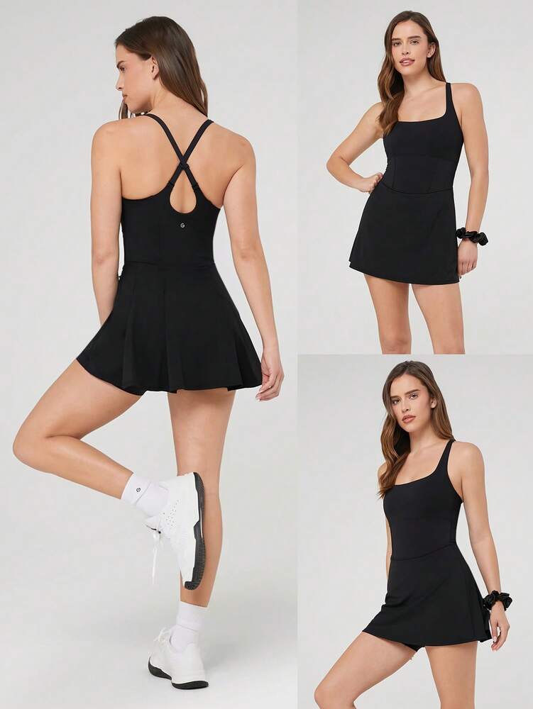 Women's Quick Dry Tennis Dress With Built In Shorts Side Pockets Square Neck Anti Slip Straps Gym Workout Golf Casual Outfit