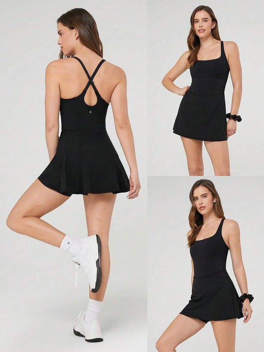 Women's Quick Dry Tennis Dress With Built In Shorts Side Pockets Square Neck Anti Slip Straps Gym Workout Golf Casual Outfit