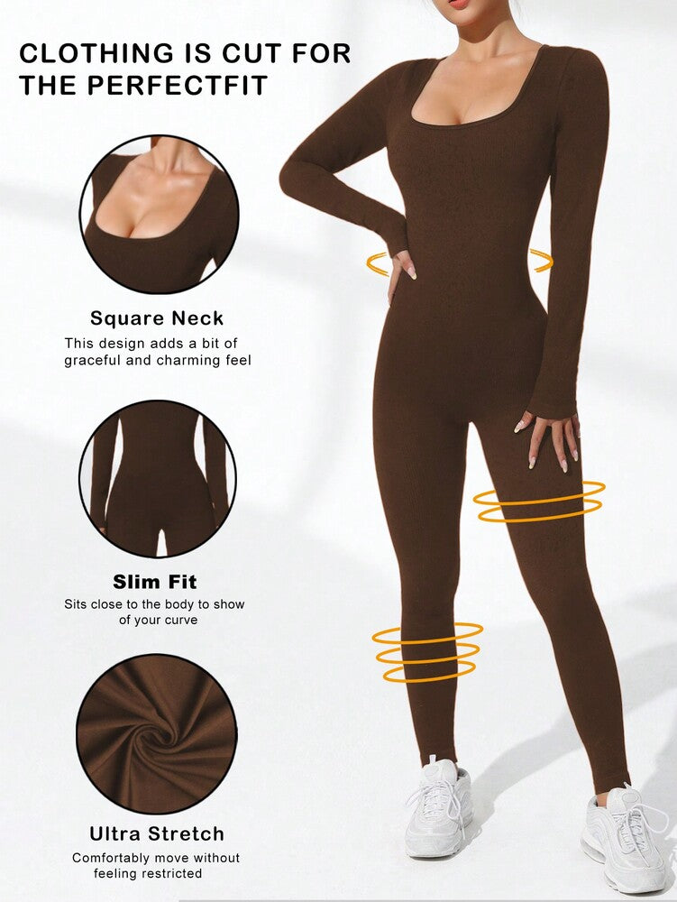 Women's Solid Color Ribbed Long Sleeve Jumpsuit Slim Fit Activewear Yoga Bodysuit Workout Gym Romper Stretch Sports Outfit