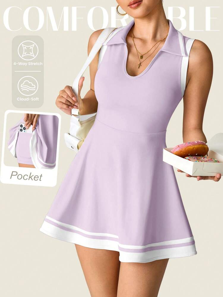 Women's Sleeveless Polo Collar Sports Dress With Pockets Casual Tee Shirt Style Yoga Workout Slim Fit Running Fitness Outfit