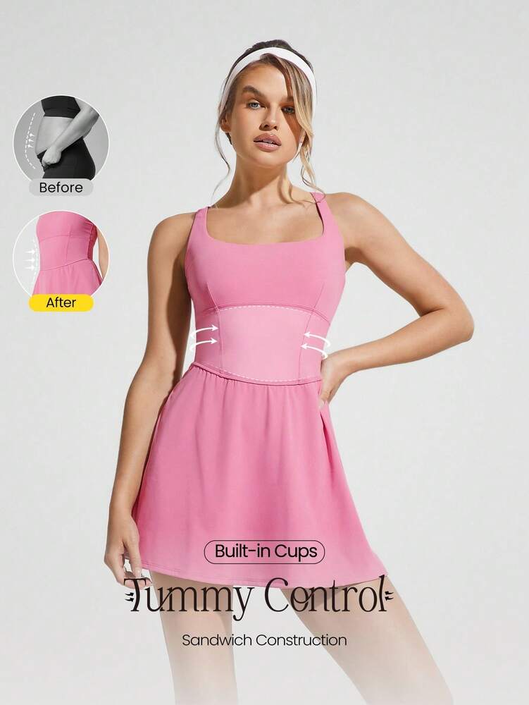 Women's Quick Dry Tennis Dress With Built In Shorts Side Pockets Square Neck Anti Slip Straps Gym Workout Golf Casual Outfit